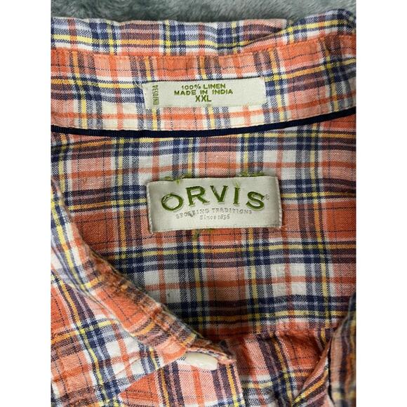 Orvis Men's Orange Navy Plaid Long Sleeve Linen Shirt Size XXL - Picture 3 of 10
